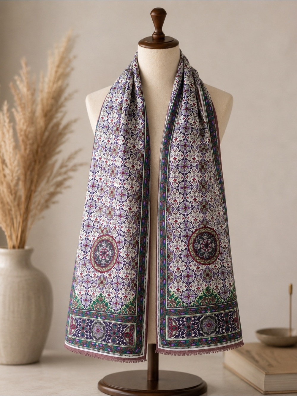 Vintage Oscar de la Renta Silk Scarf Long Multi-Pattern Fringe Hem